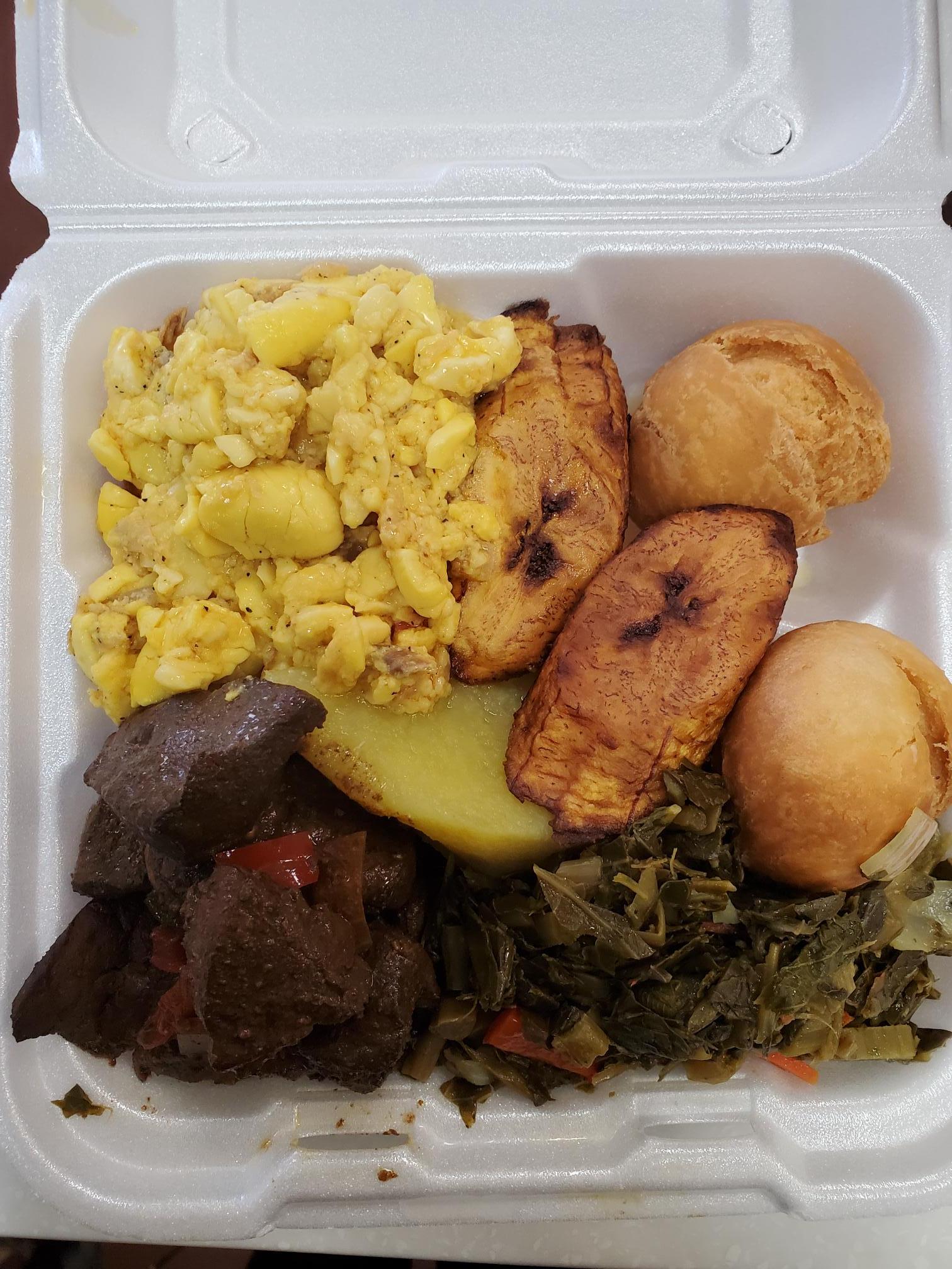 Combo Breakfast (Ackee & Saltfish, Callaloo & Liver).