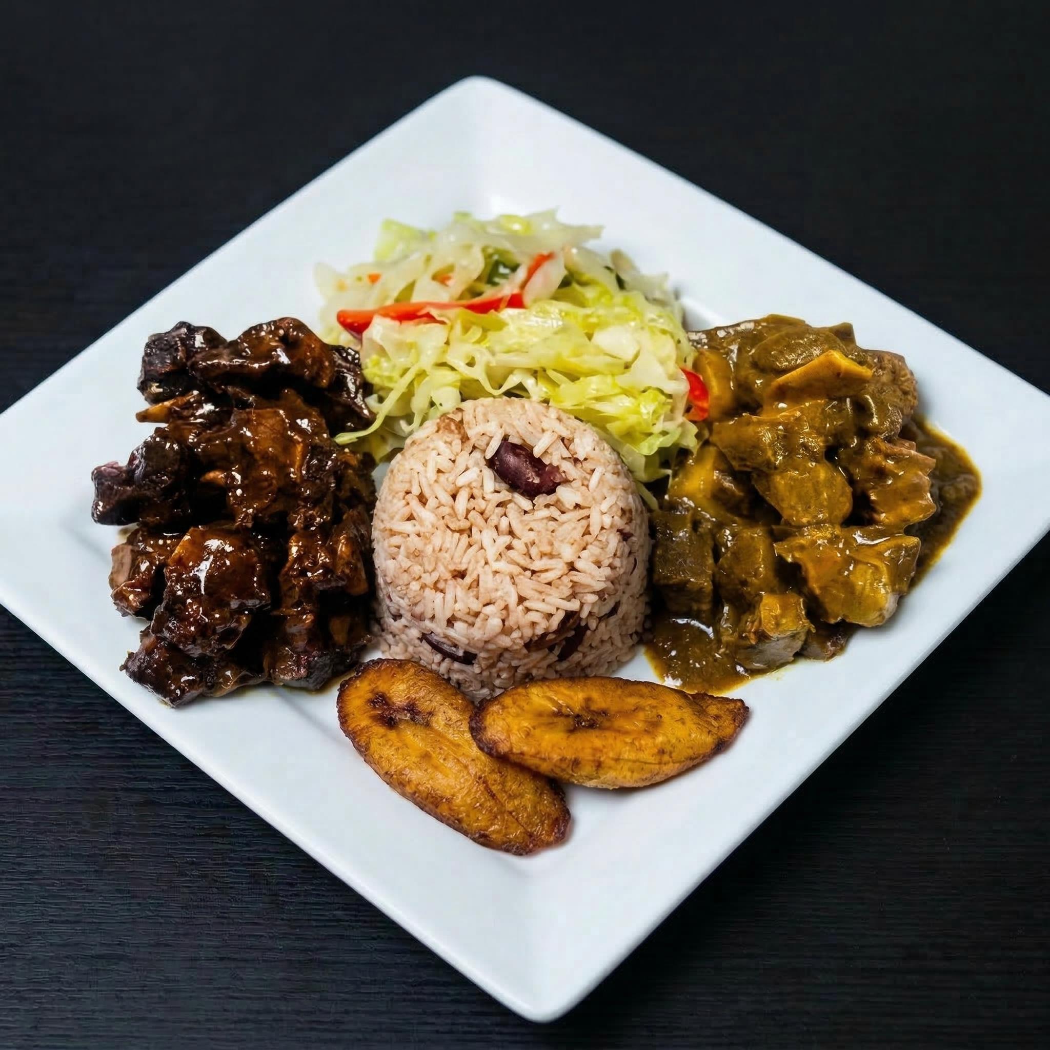Curry Goat and Jerk Pork.