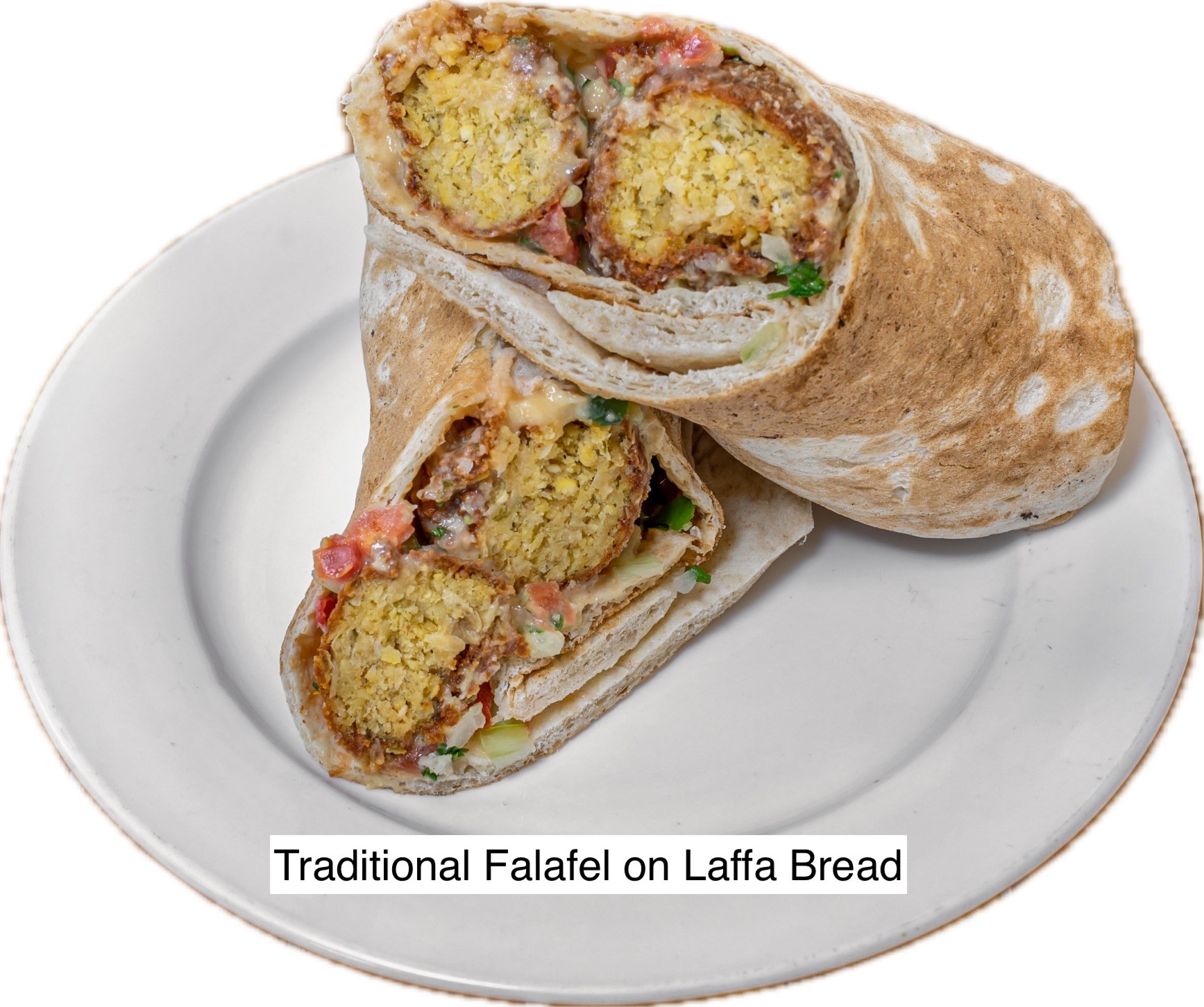 Traditional Chickpea Falafel, tahini, hummus, israeli salad.