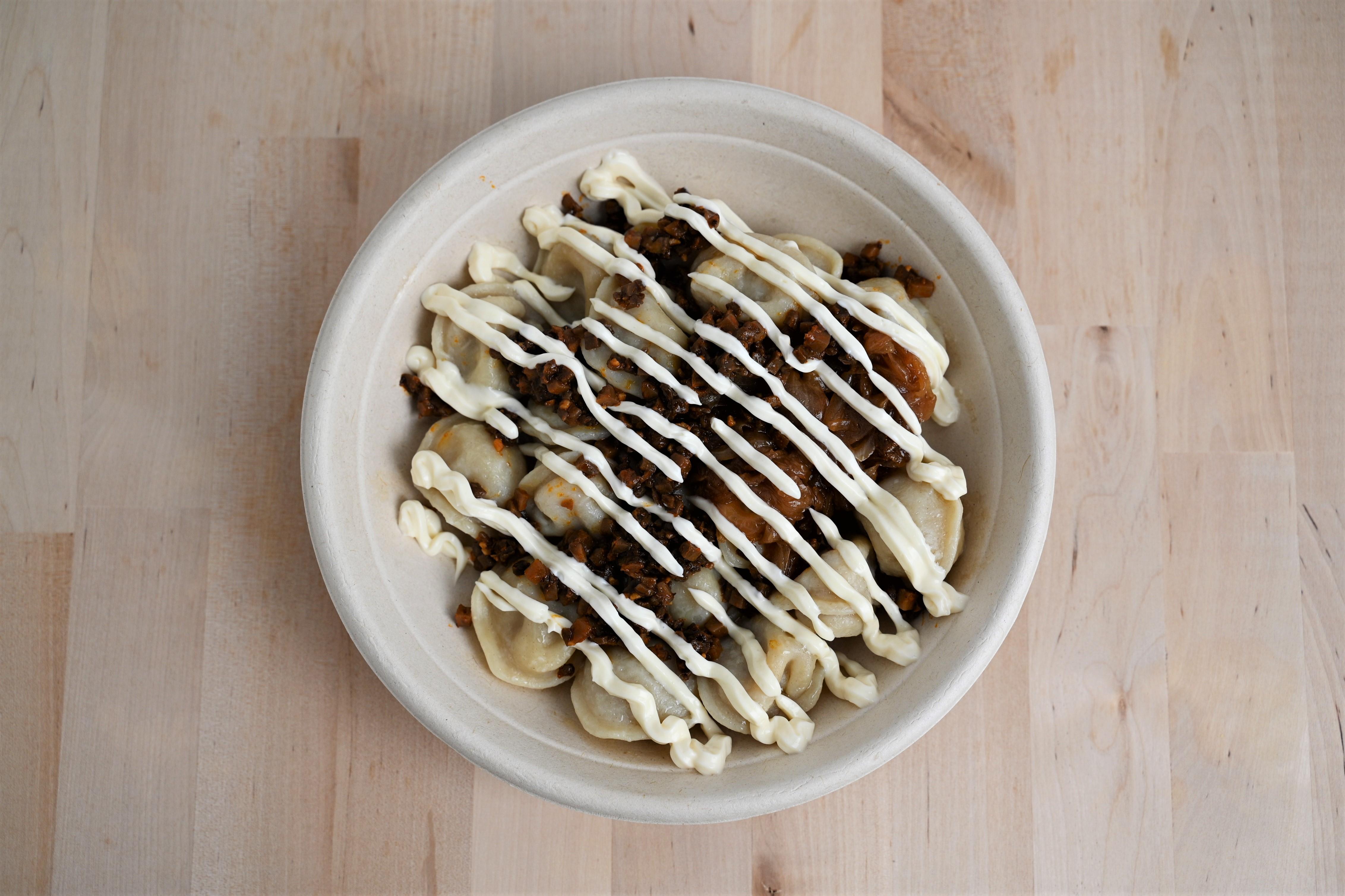 Mushroom and Onion Dumpling Bowl.