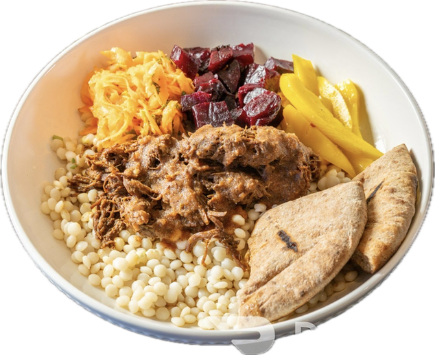 Ma Bett's Ropa Vieja Brisket Bowl, Pickled Mango, Carrot Salad, Roasted Beets, Roasted Tomato Salsa 1/2 pita.