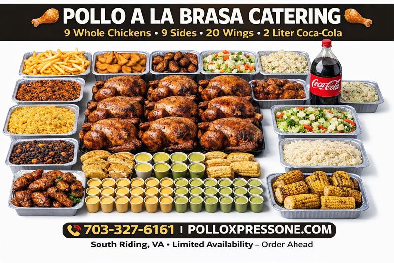Pollo a la brasa Catering (Option 2) 9 Whole Chicken + 9 Sides, 20 Wings and a Two liter drink.( feed 35-45🔥 🍗🔥).