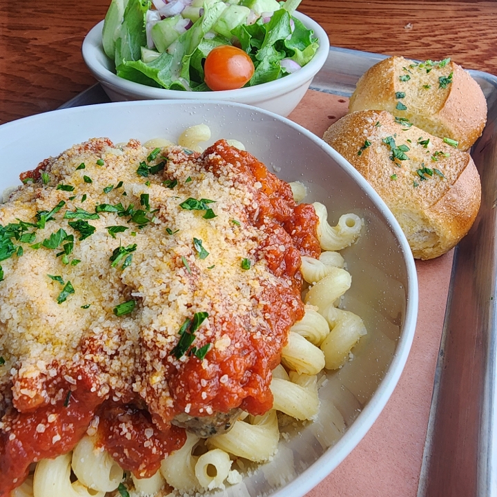 Pasta & Meatballs with Salad & Garlic Bread.