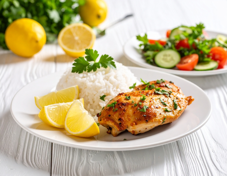 Lemon Chicken, White Rice & Salad.