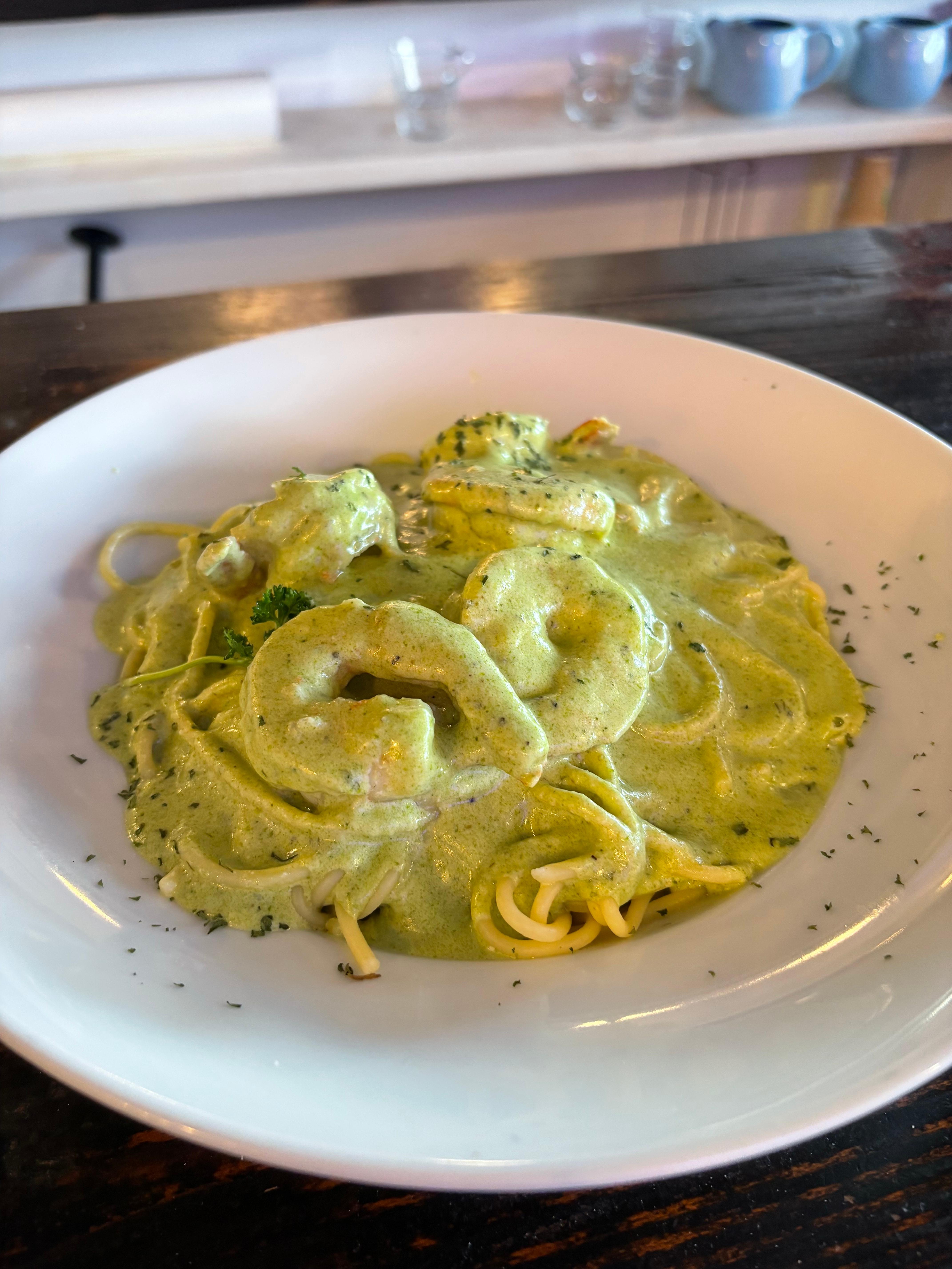 Shrimp Pesto Fettuccine.