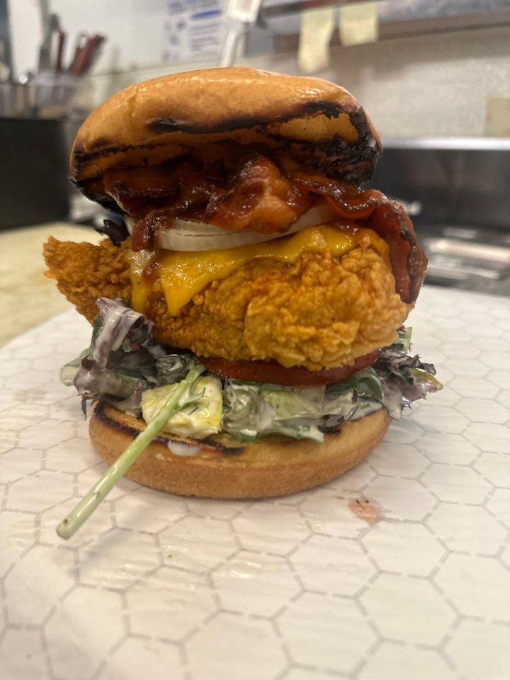 BBQ Bacon Cheddar Fried Chicken Sandwich.