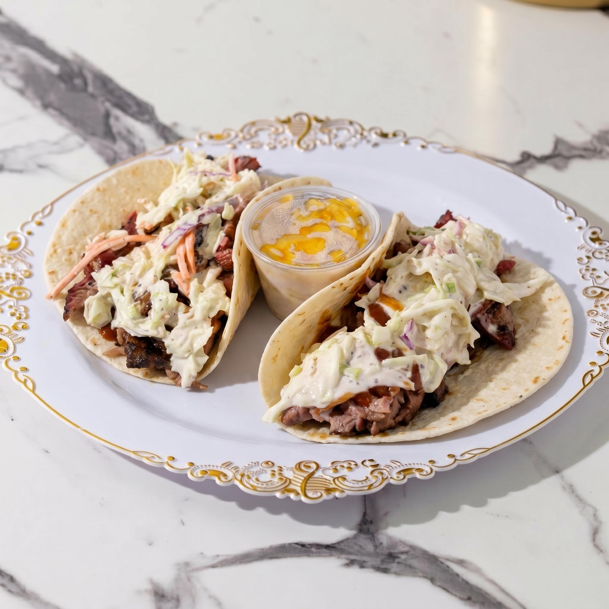 2 Pulled Pork Tacos or Sliders with Small Side.
