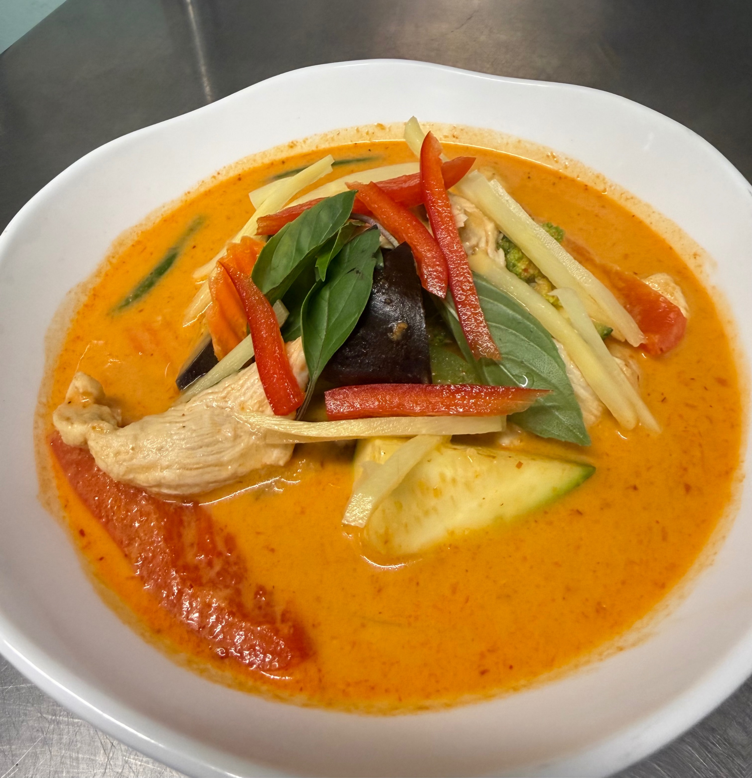 Red Curry Chicken Served with Jasmine Rice.