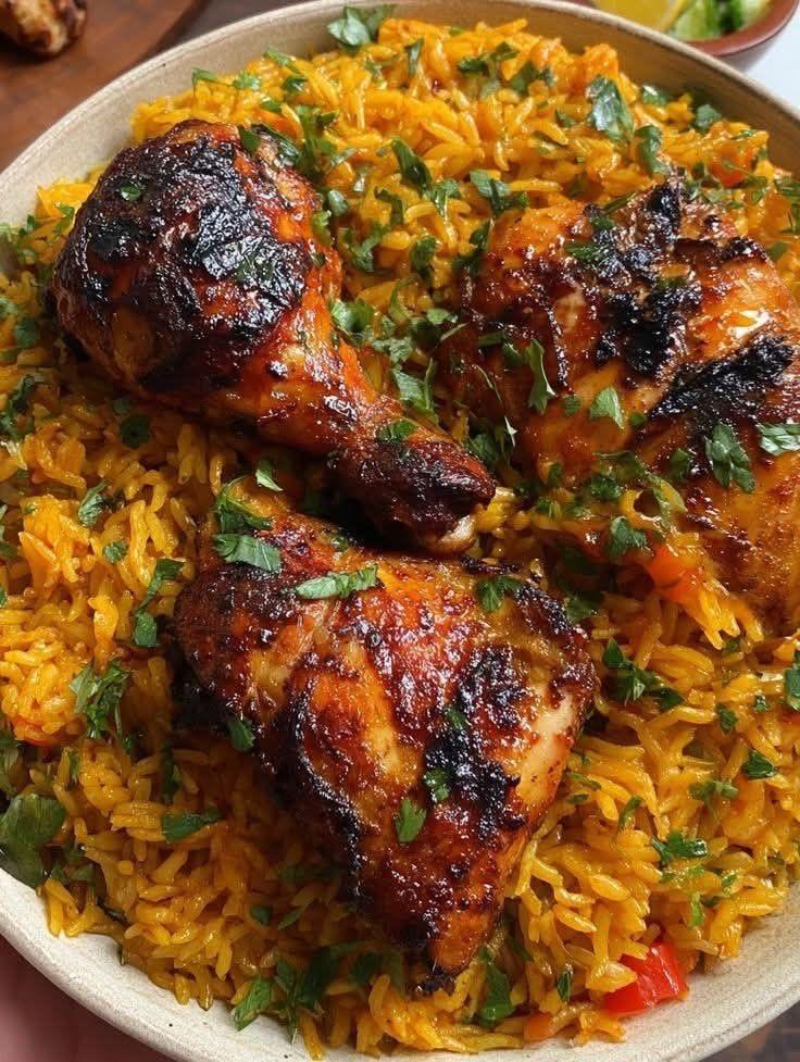 GRILLED JERK CHICKEN WITH VEGETABLE JALLOF RICE.