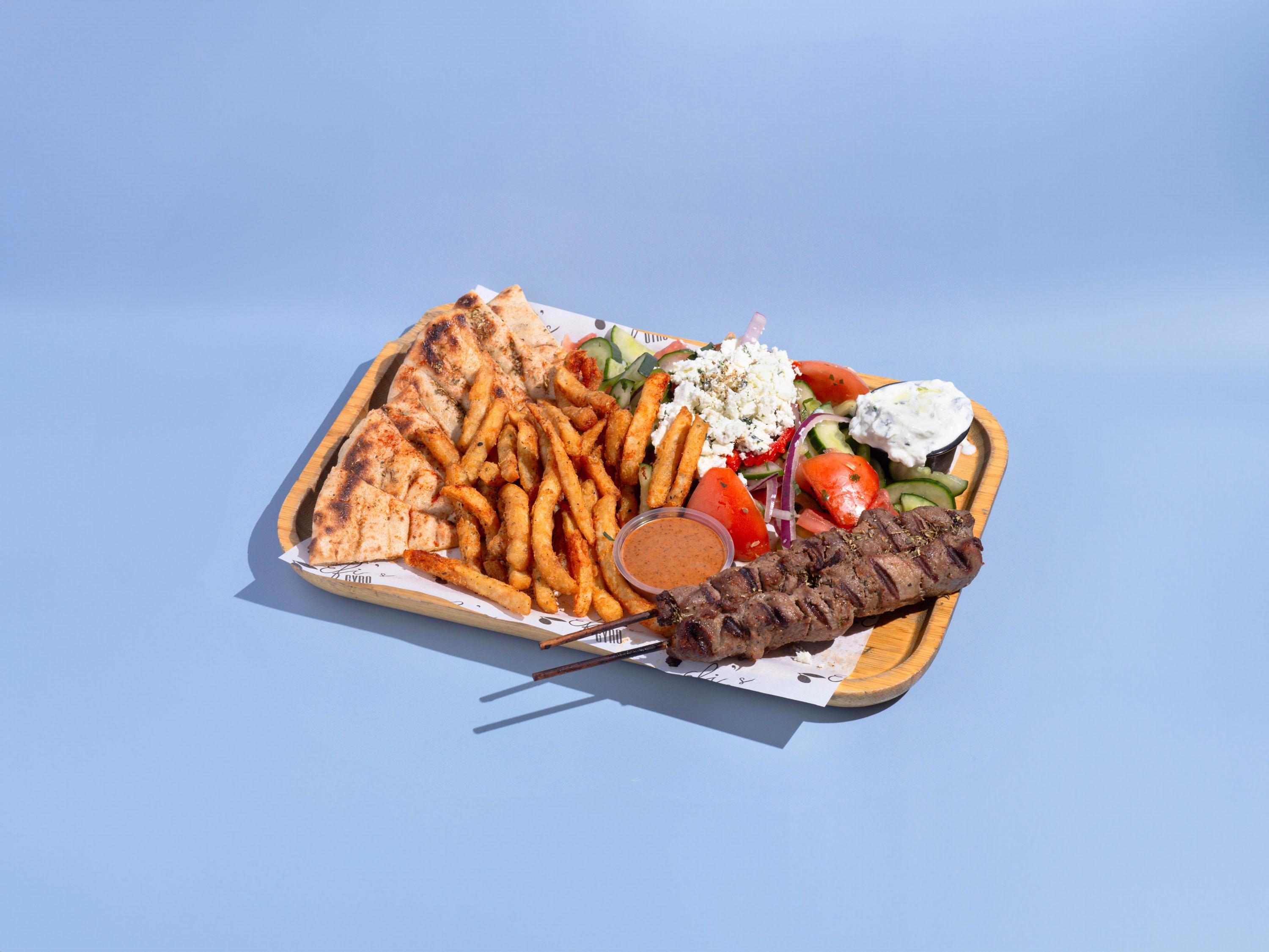 Grilled Lamb Souvlaki Platter.
