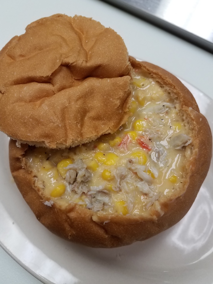 Corn and Crab Bisque Bread Bowl.