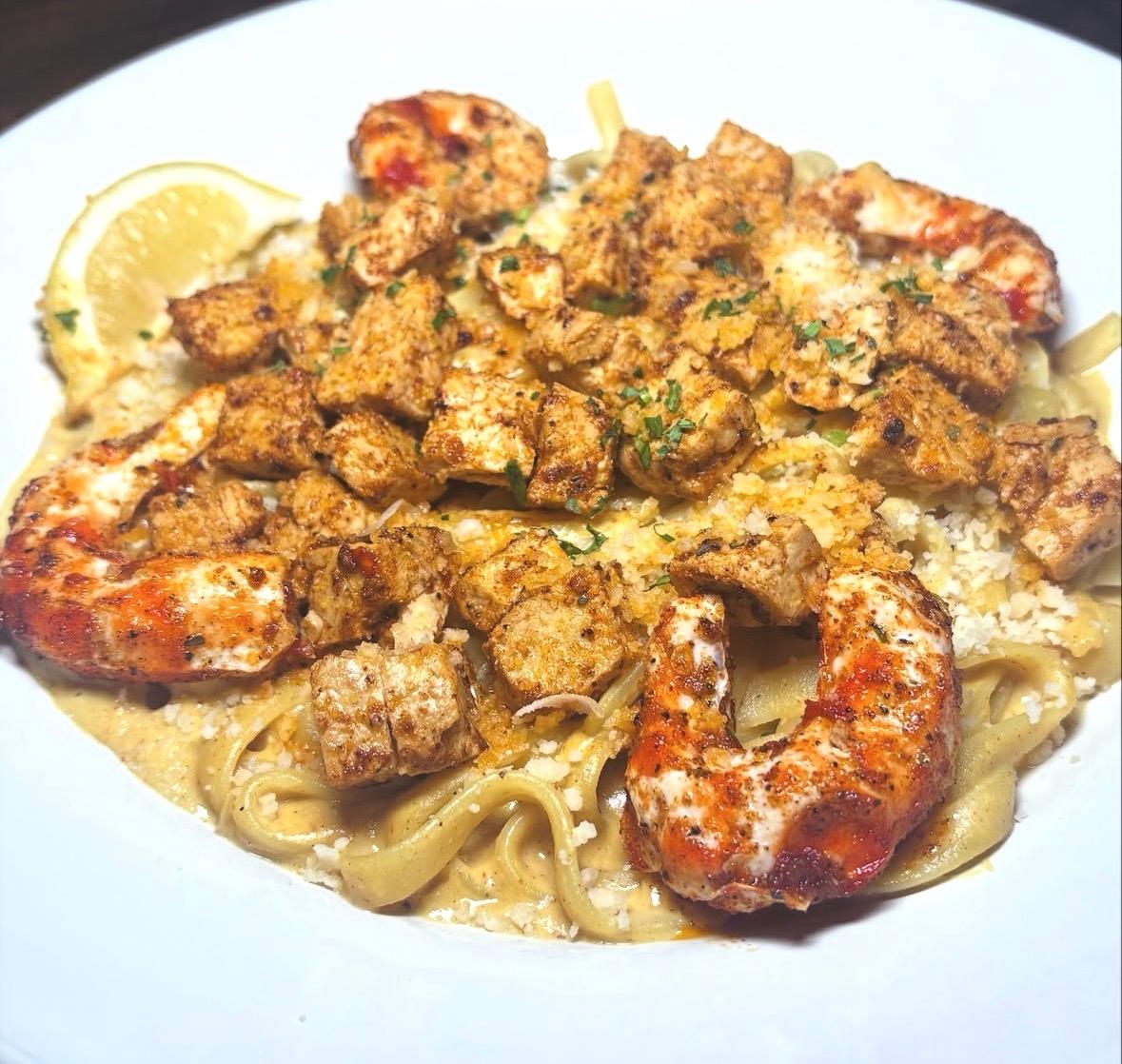 Cajun Chick'n and Shrimp Alfredo.