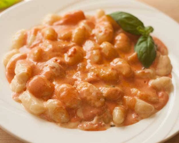 Vegan gnocchi pink sauce.