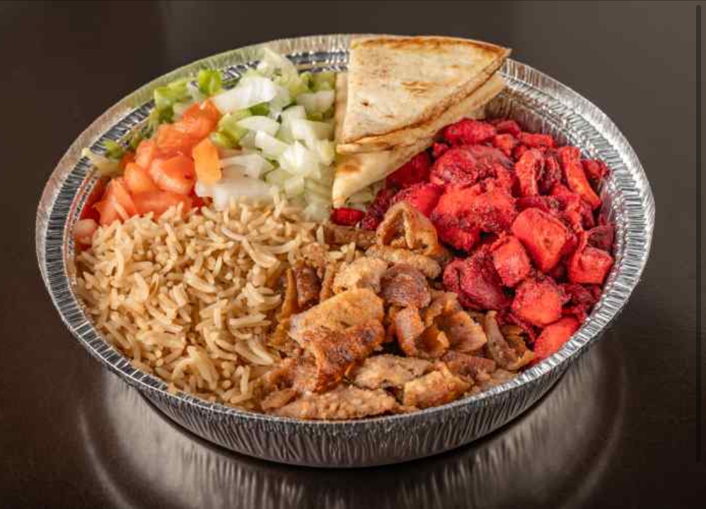 Chicken & Beef Gyro Over Rice Platter.
