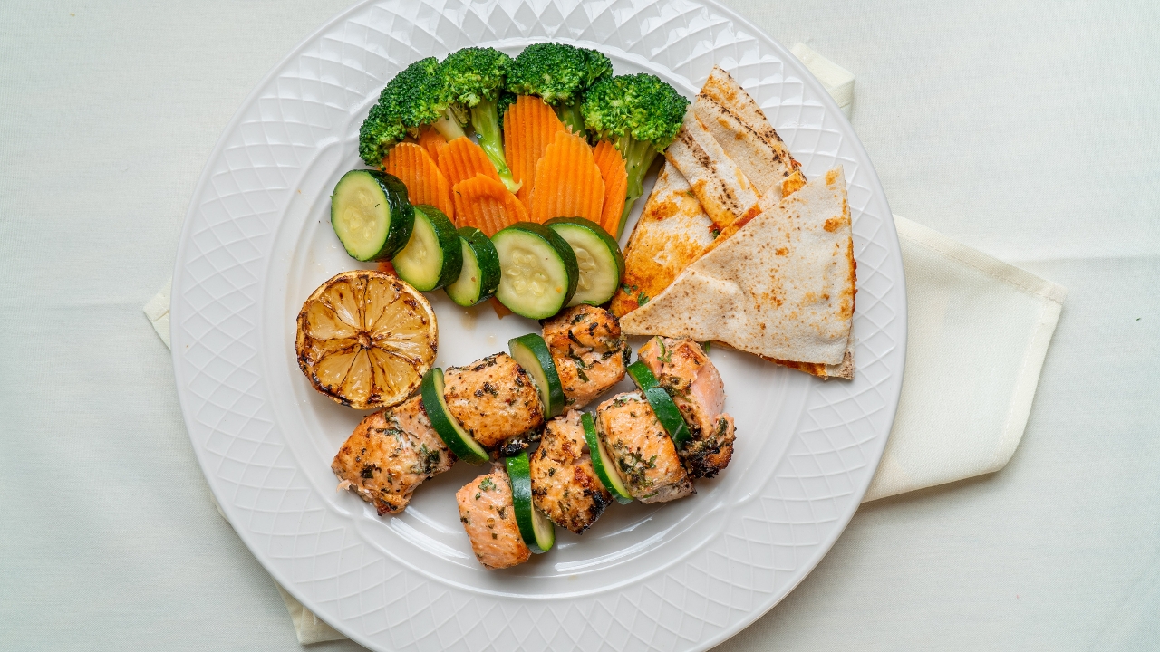 Salmon Kebab Plate.