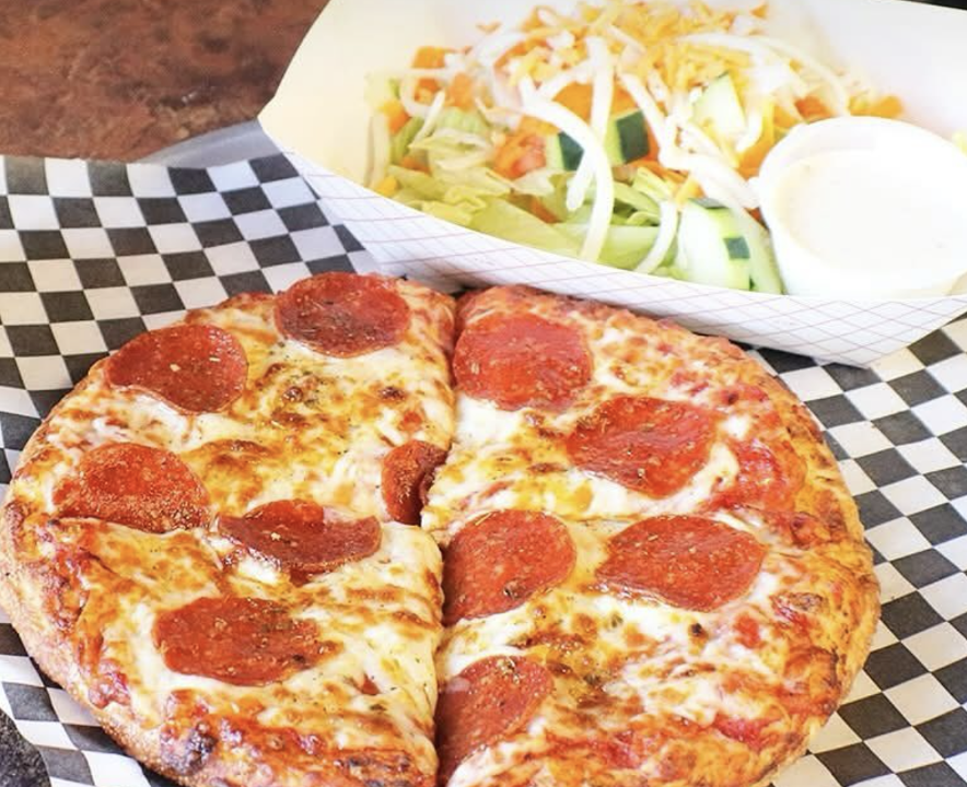 Personal Pizza with fries and Fountain Drink.