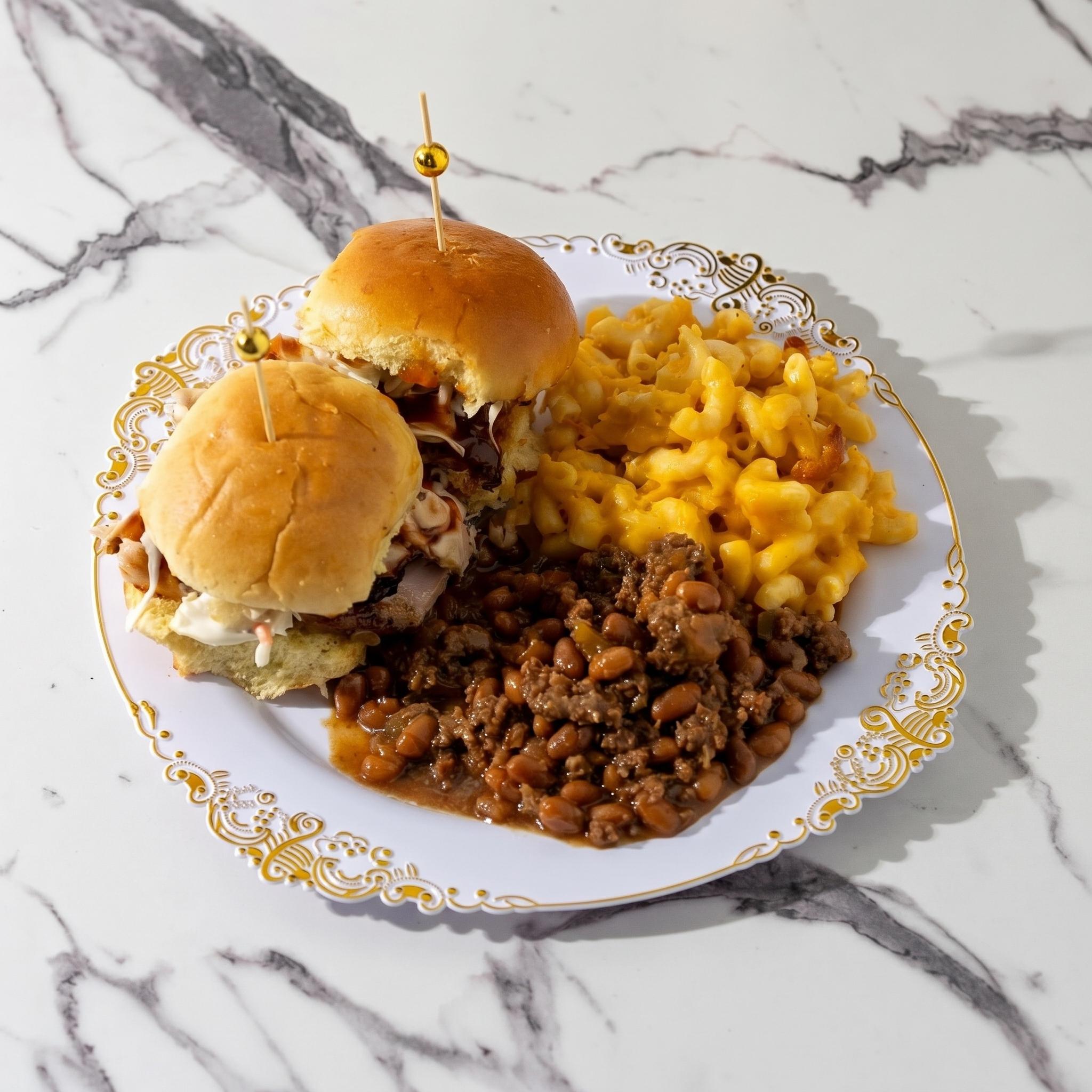 2 Pulled Chicken Sliders or Tacos with Two Sides.