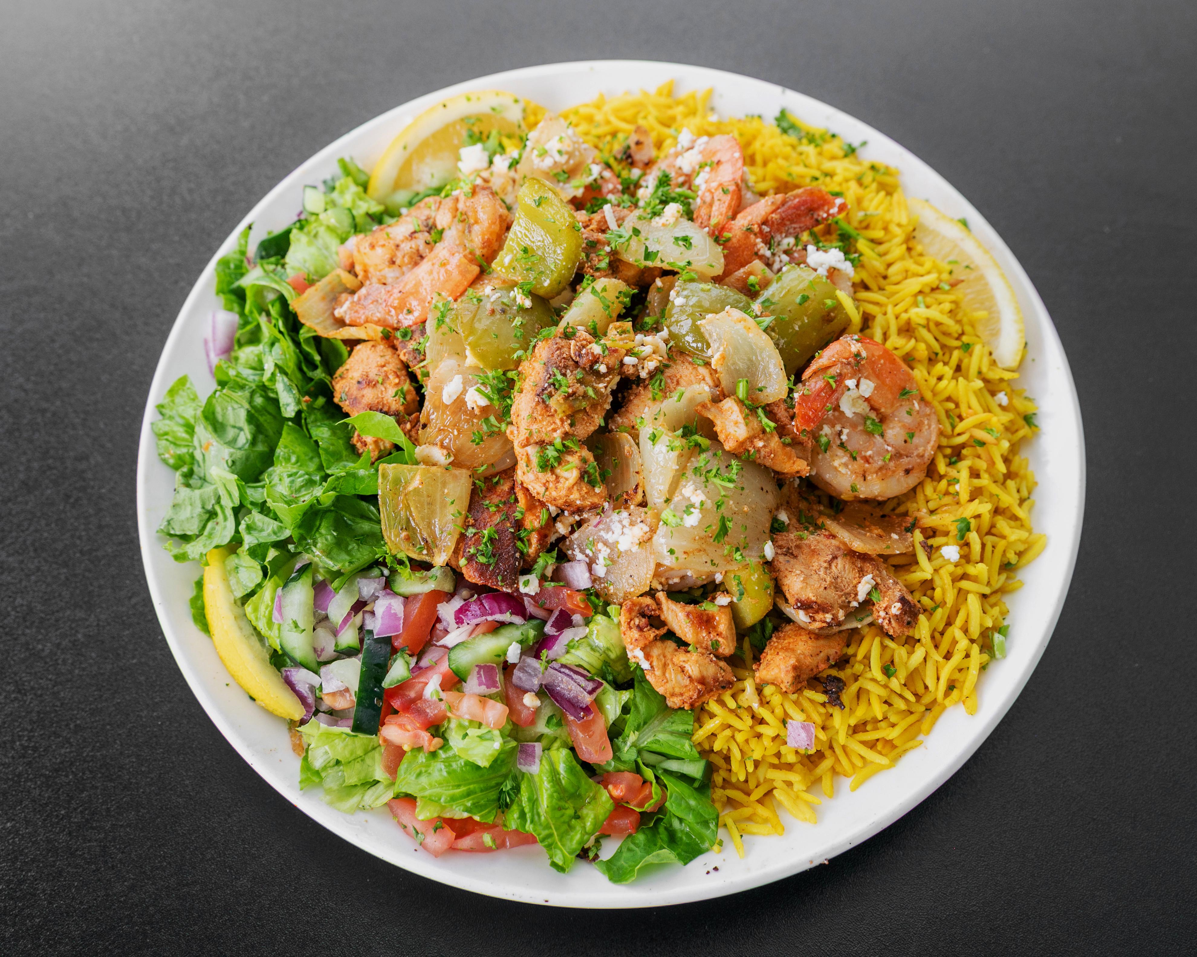 Mixed plate chicken and shrimp.