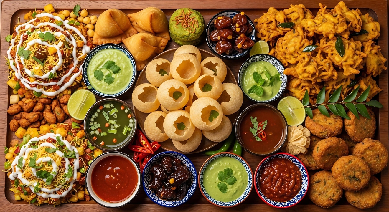 Royal Chaat (Paani Puri, Samosa Chaat, Sev Dahi Puri).