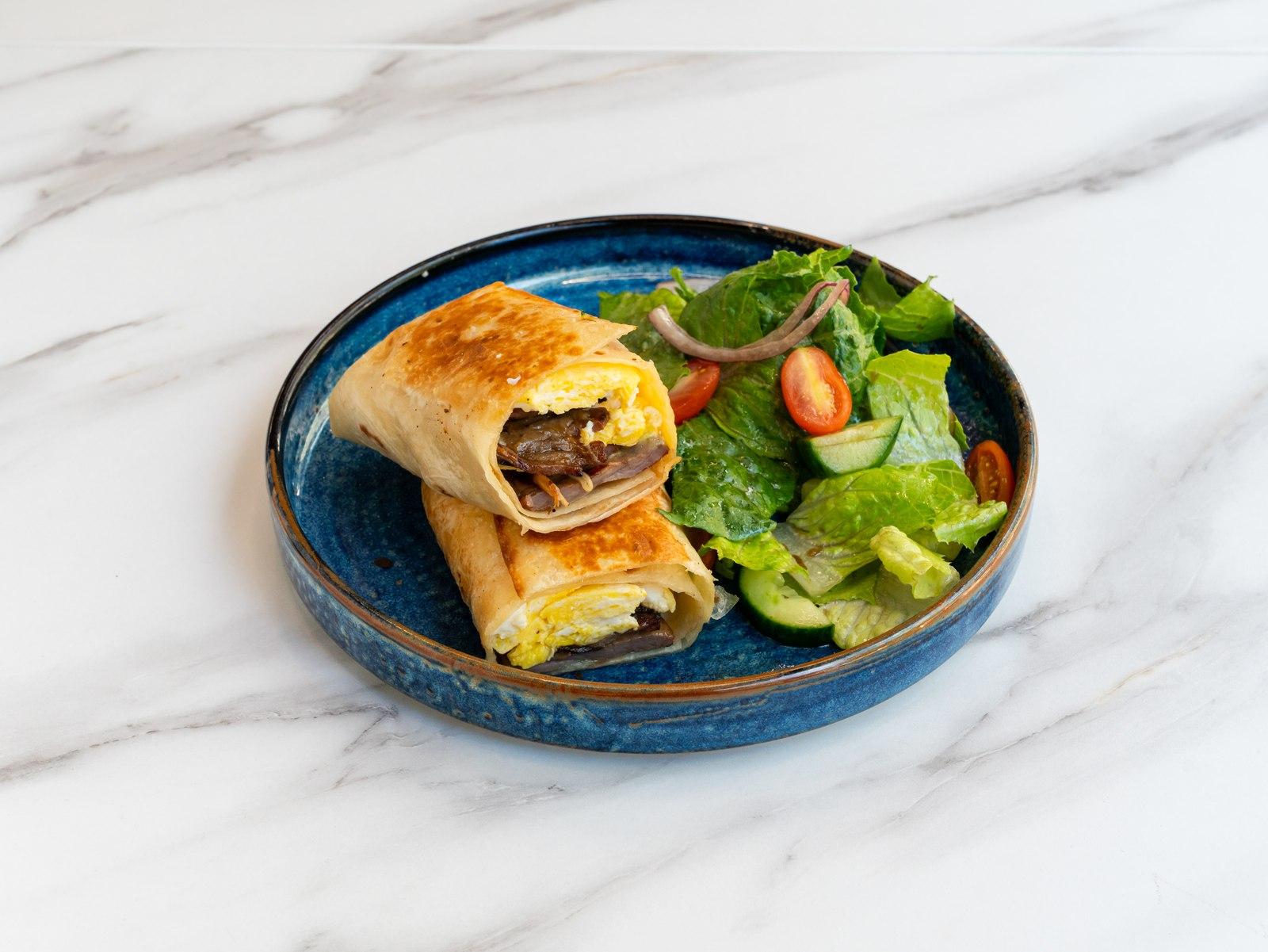 Halal Beef Bacon Burrito.