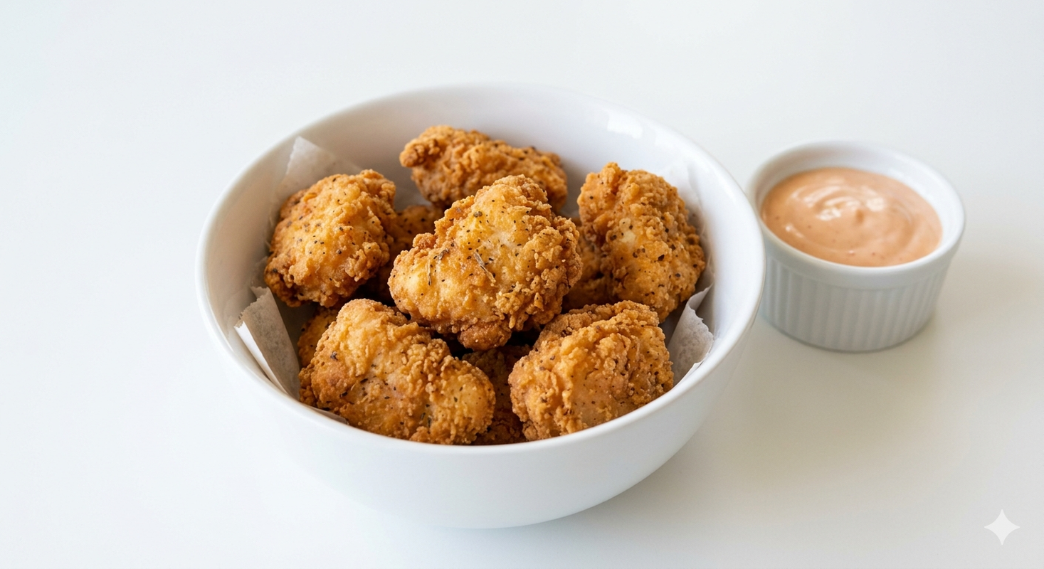 Boneless crispy chicken bites (7 pieces) sin huesos.