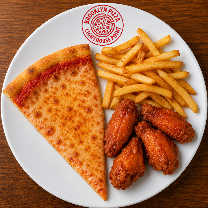 1 Slice Cheese, 5 Wings & Fries.