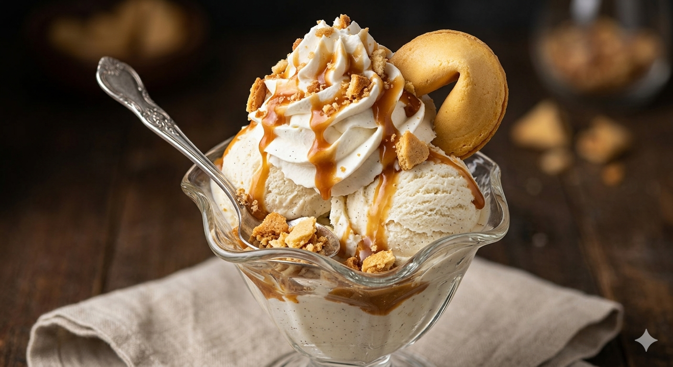 Fortune Cookie Vanilla Ice Cream Sundae (Dine-in only).