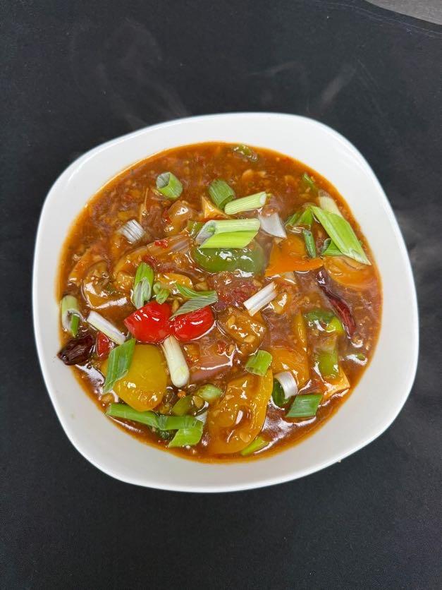 Vegetables with Tofu in Schezwan Sauce (vegan).