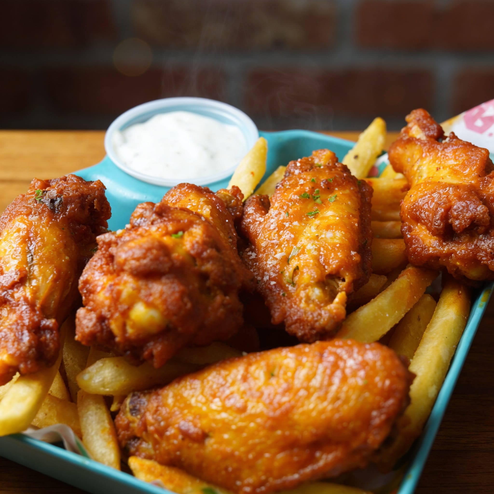 Buffalo Wings with French Fries.