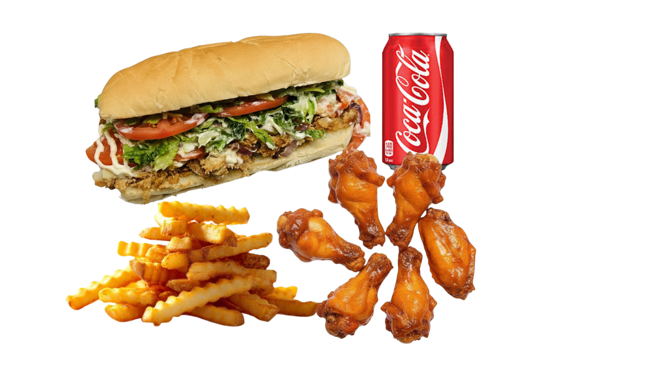 8" Cheesesteak + 6 Wings + Fries + Can Soda.