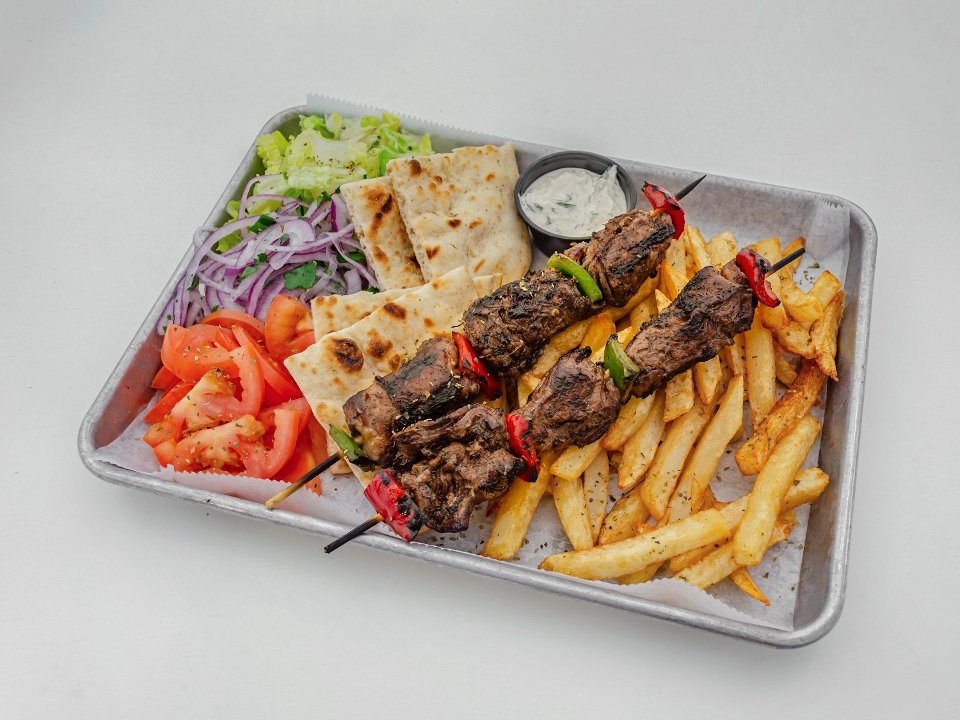 Skirt Steak Souvlaki Piato (Skewer Platter).
