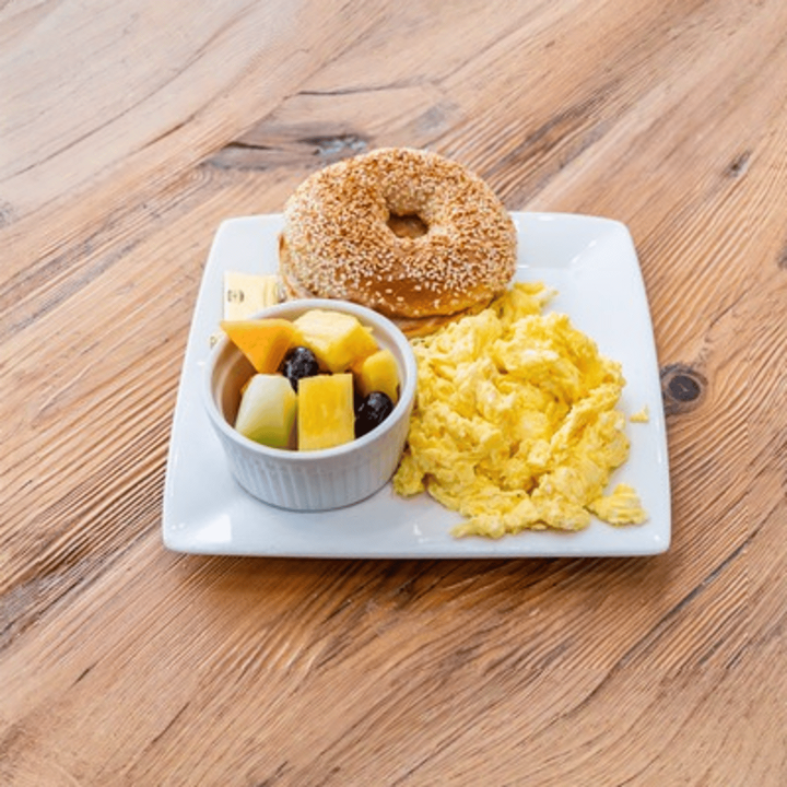 Bagel, Egg, & Fruit.