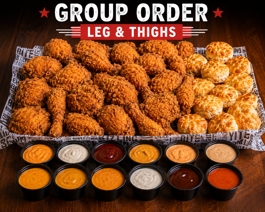 8 Pieces (Bone-In), 4 Sauces, 4 Rustic Butter Biscuits.