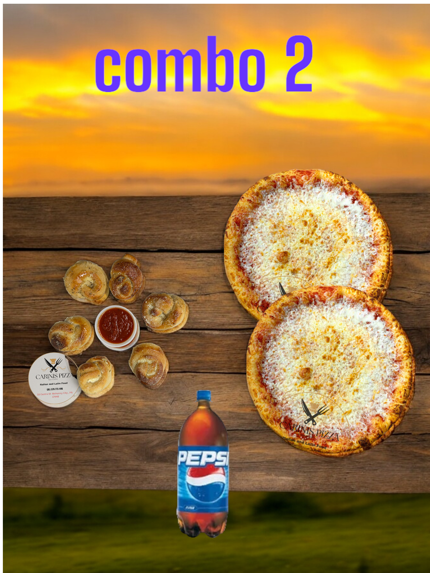 Special (2) 1. XL Cheese Pizza, 1 Small Pizza, 20 Bone In Wings, 2 Liter Pepsi.