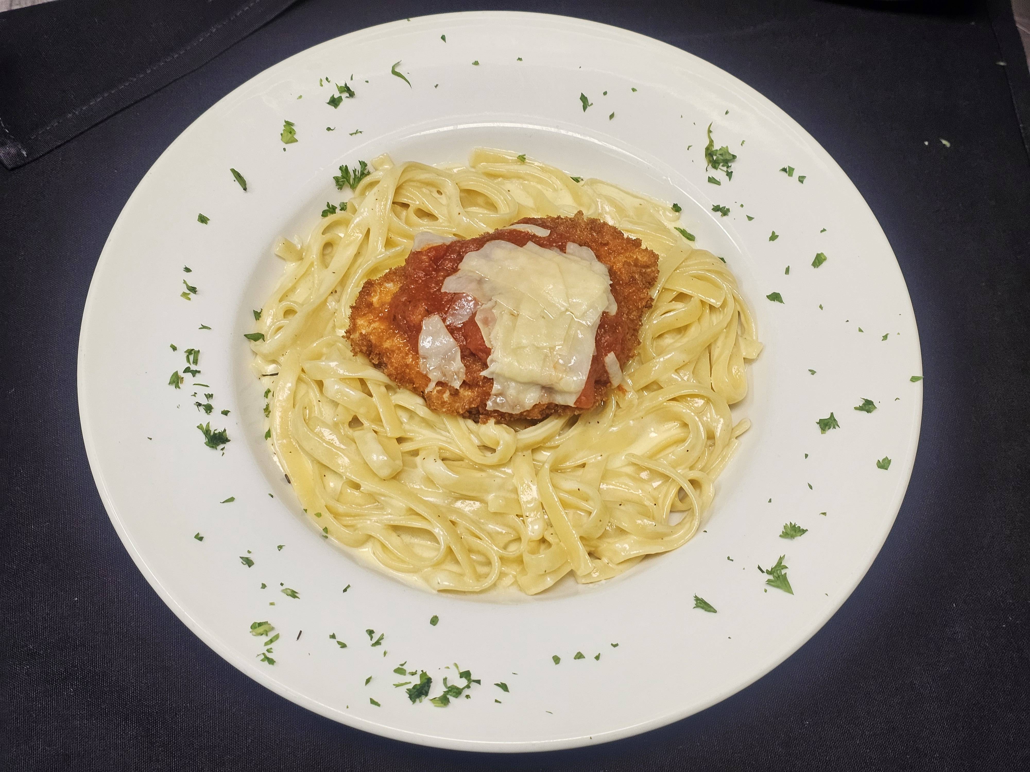 Chicken Parmesan Alfredo.