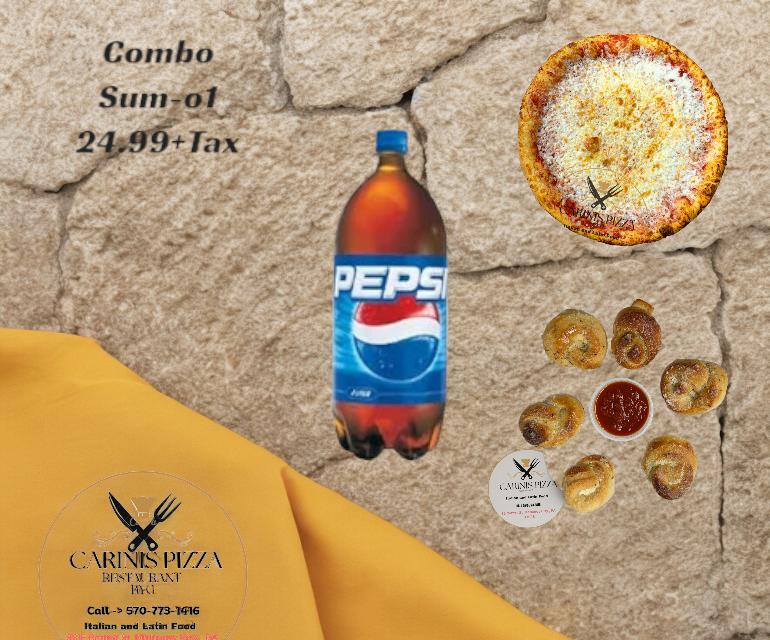 Special (1) 2 Large Cheese Pizza Garlic Knots, 2 Liter Pepsi.