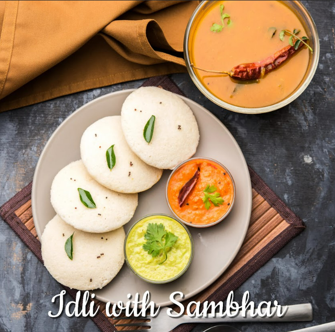 Plain Idli with Sambhar and Chutney.