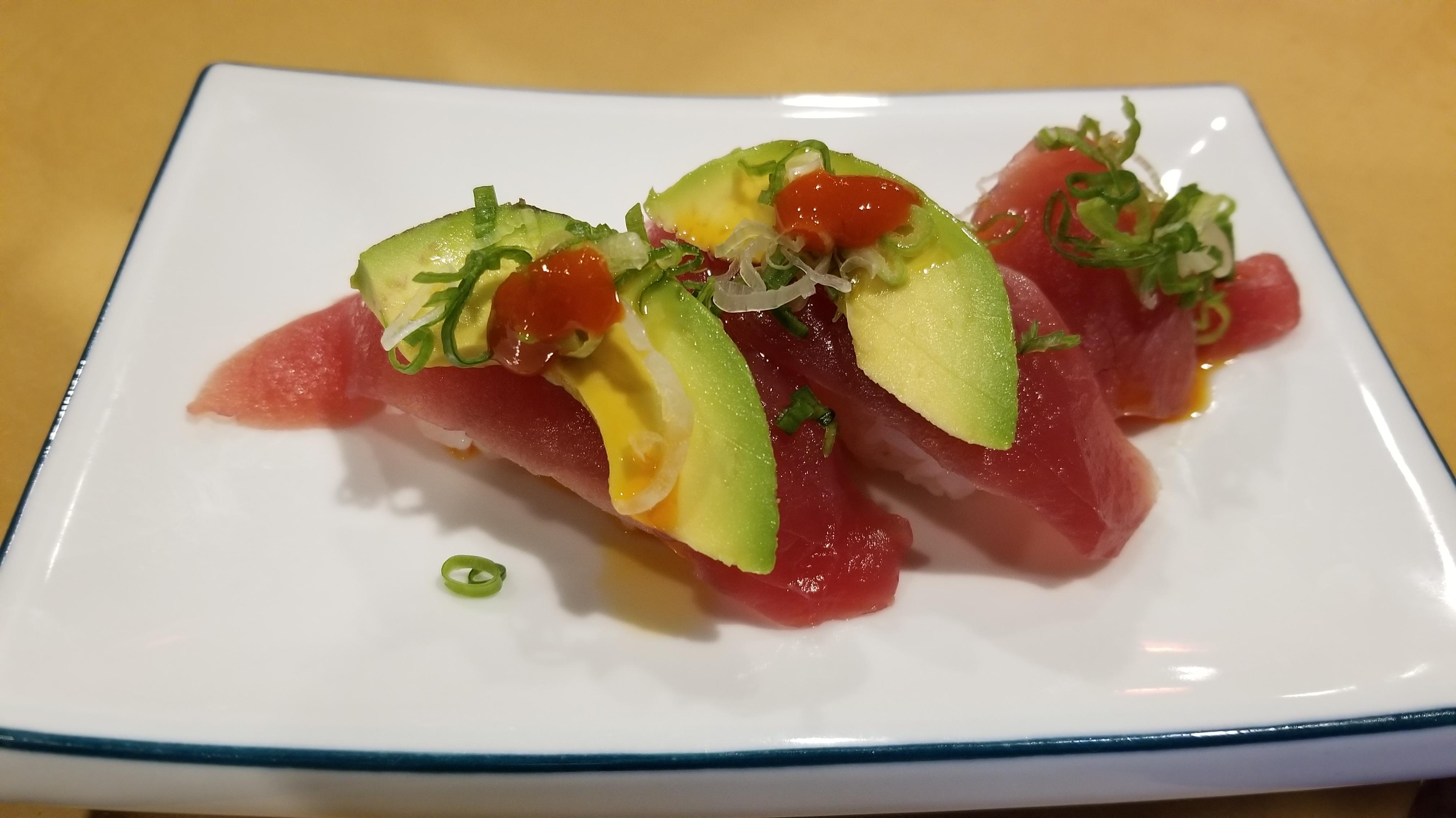Spicy Tuna (Bluefin Akami) w/ Avocado & Chili Oil Sushi.