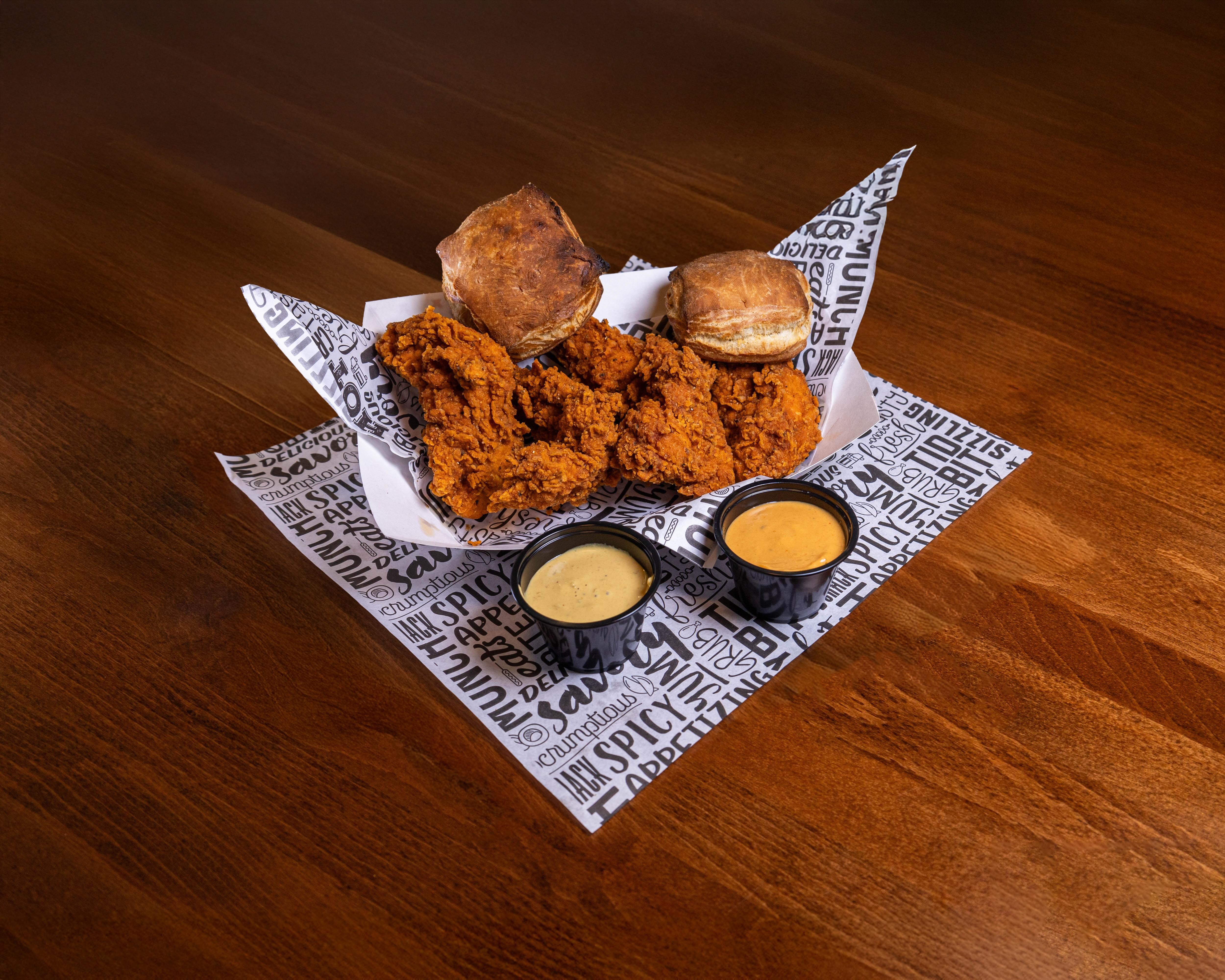 4 Tenders, 2 Sauces, 2 Rustic Butter Biscuits.