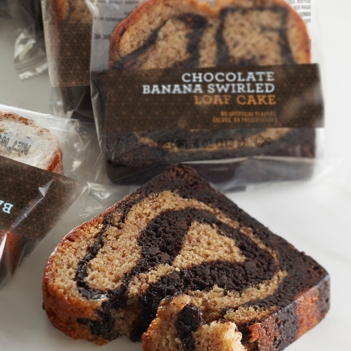 Chocolate banana swirled loaf cake.