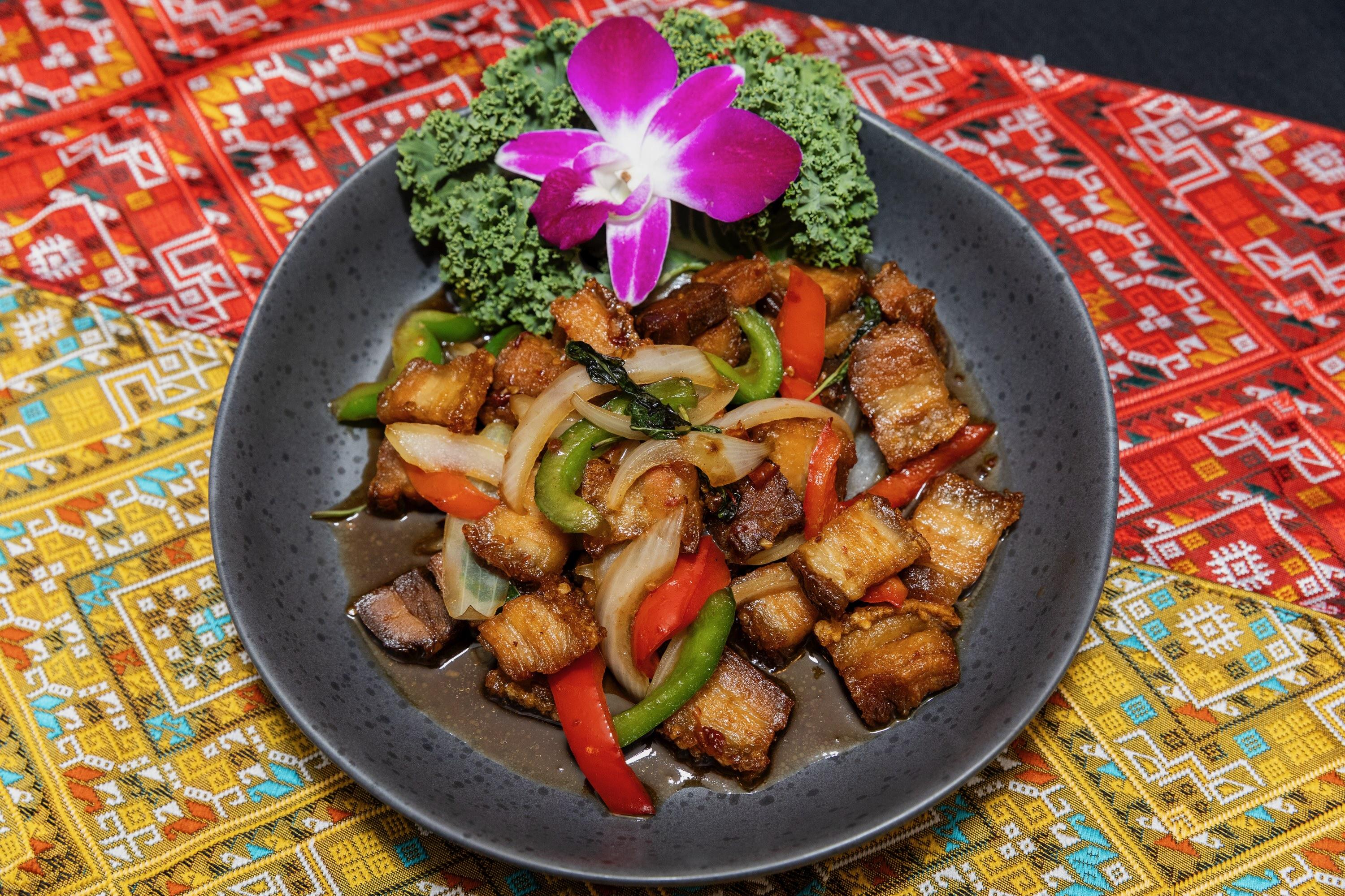 Crispy Pork belly basil.
