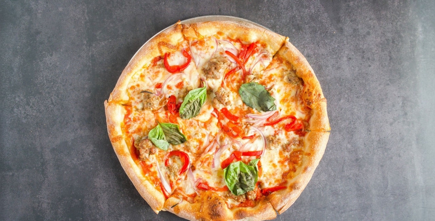 Sausage, Charred Peppers & Onion Pie.