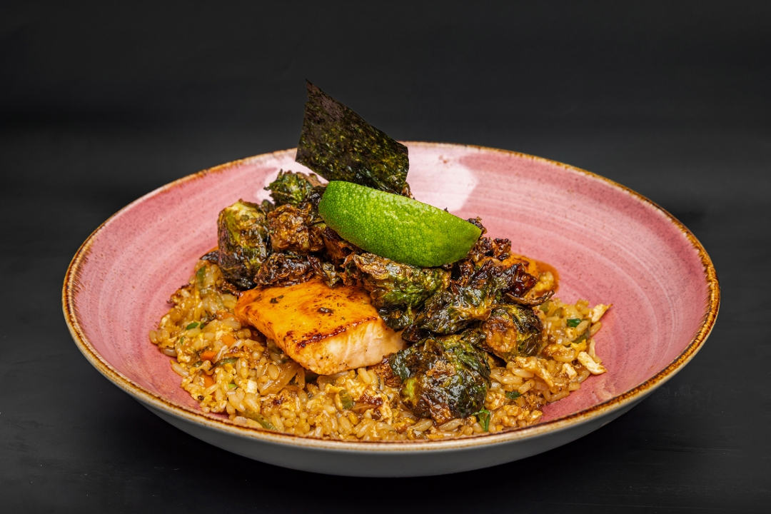 Peach Glazed Salmon with Crab Fried Rice.