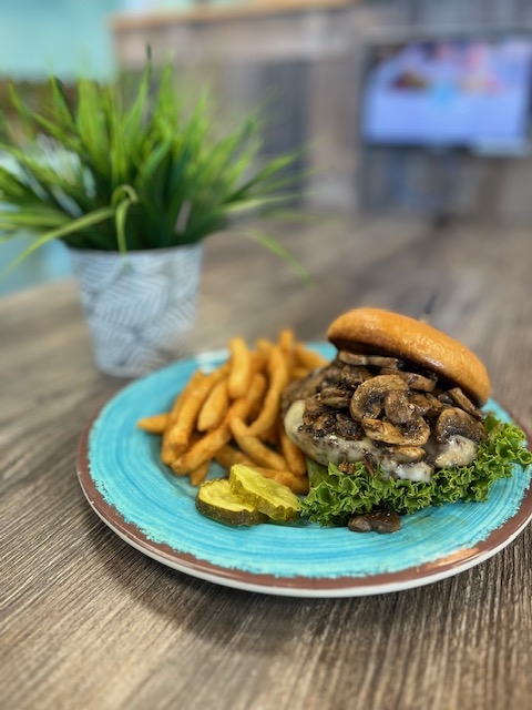 Mushroom Swiss Burger.