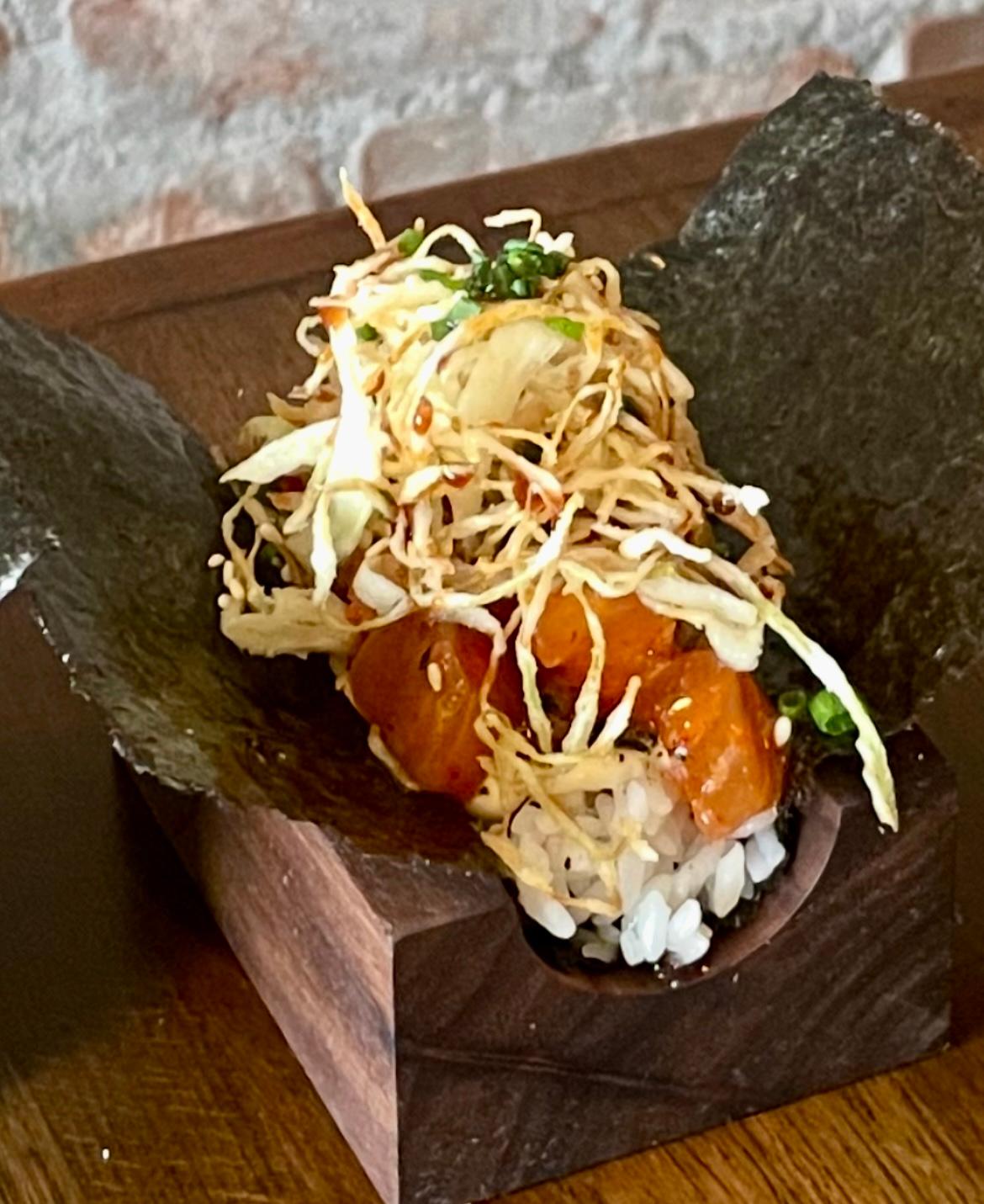 Salmon + Kimchi Hand Roll.
