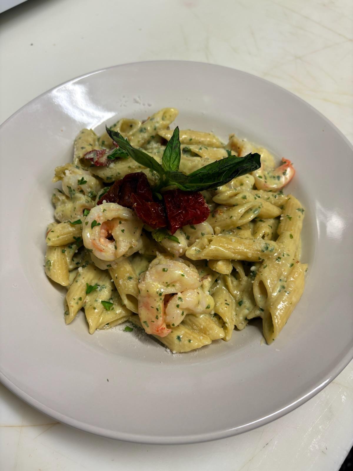 CREAMY PESTO SHRIMP.