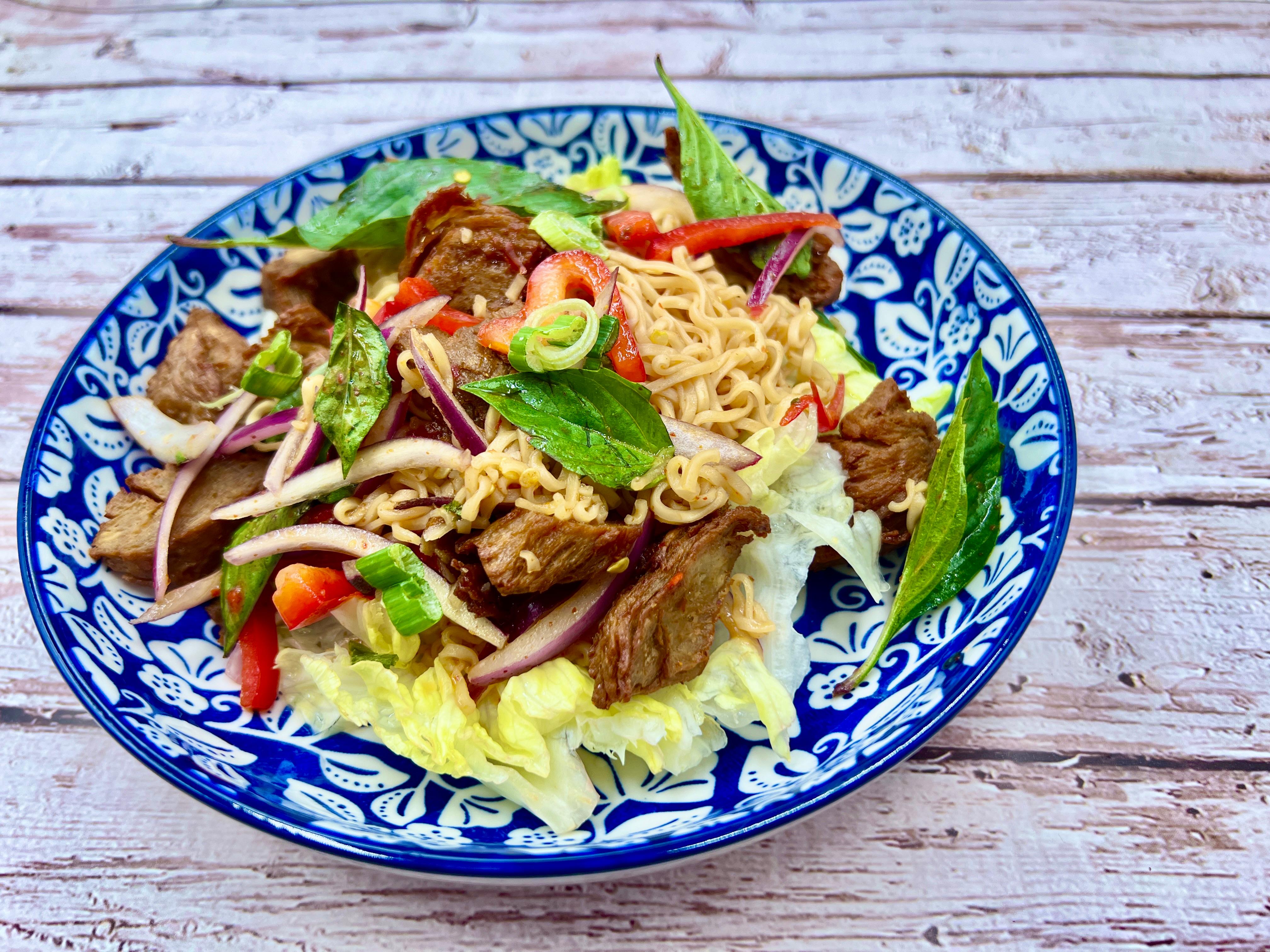 Yum Crispy Seitan X Instant Ramen Noodles Salad.