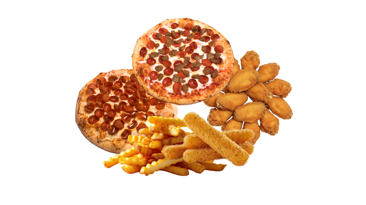 2 Lg Pizza (1 Top) + 12 Wings + 2 Sides.