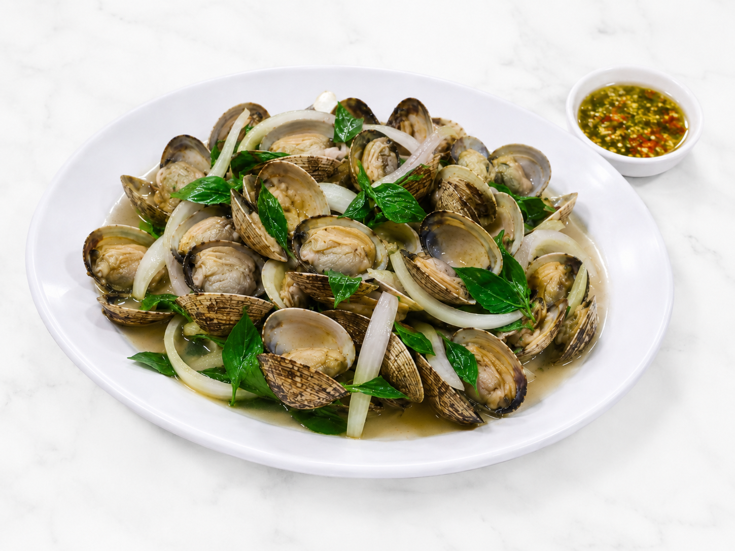 Steamed Clams w/ Seafood Sauce.