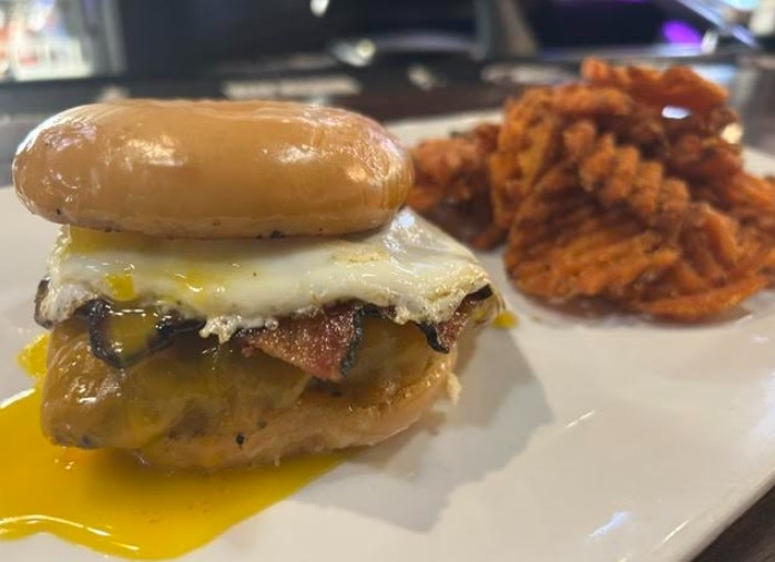 Donut Breakfast Burger w/ Sweet Fries & Cinnamon Sugar.